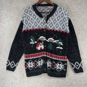 Northcrest S 6/8 Christmas Button Up Knit Sweater Cabin Snow Scenery Cottagecore